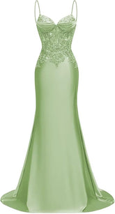 Long Silk Satin Mermaid Lace Beaded Prom Dresses for Women